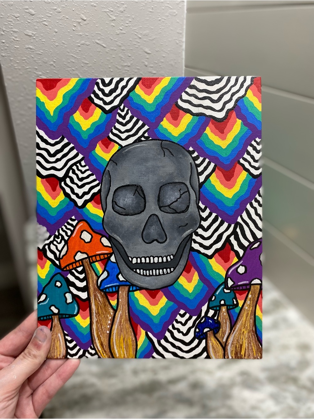 Colorful Skull and Mushroom Canvas Board Art